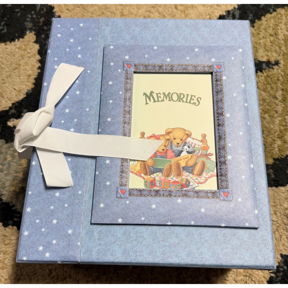 Vintage Blue Jean Teddy Bear Memory Keepsake Box w/ Drawers Bonus Baby Teeth box